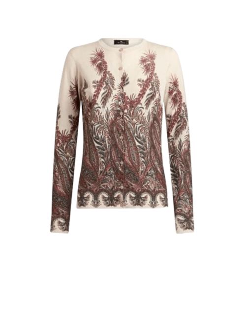 Cardigan da donna in seta misto cashmere con stampa Paisley multicolor sullo sfondo beige ETRO | WRKE0023AV752X0801